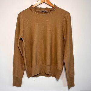 J. Crew Merino Blend Ruffled Neck Ribbed Tan Crewneck Women’s Sweater Size Med